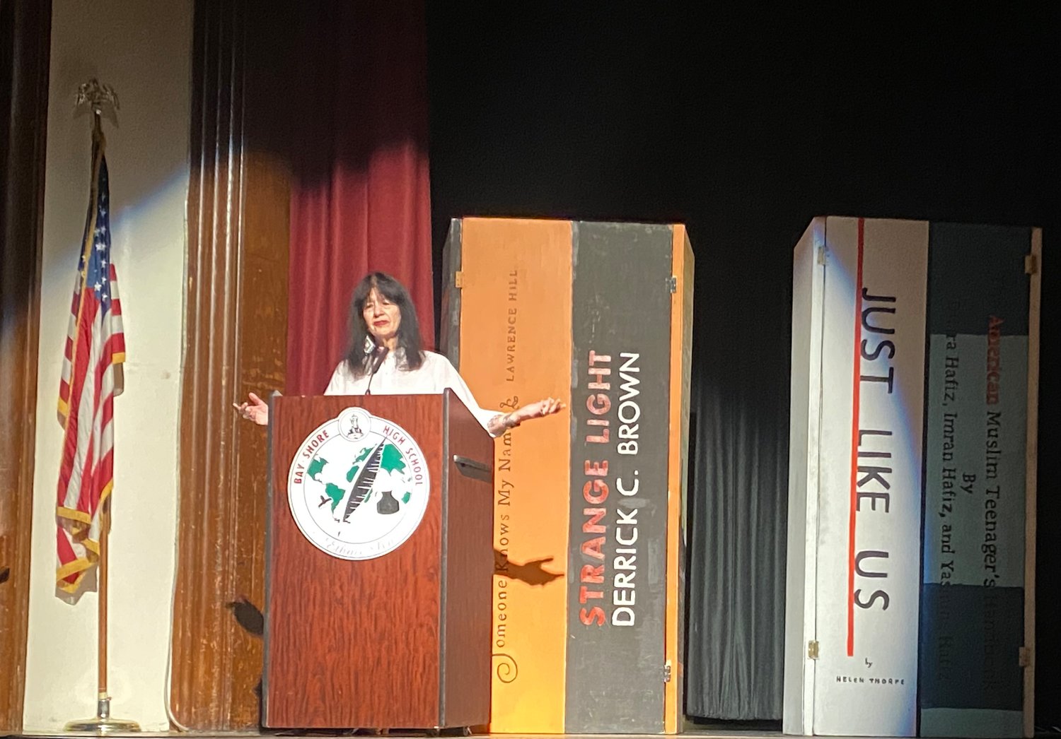 United States poet laureate Joy Harjo delivers the keynote address at the Bay Shore High School Ethnic Pen Conference.
